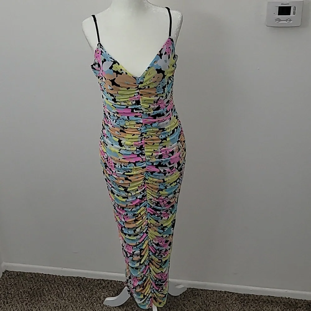 ARFM Ruched Mesh Midi Slipdress in Sky Floral Size Large NWT - Picture 1 of 15